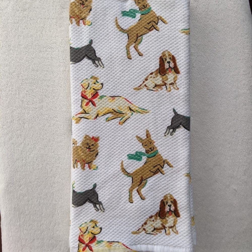 Boston Terrier Various Breed Dog Print Kitchen Towel Set Of Two White Multi NWT
